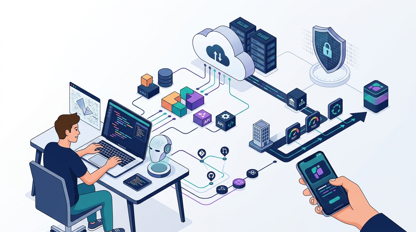 An overview of modern software development connecting artificial intelligence, cloud infrastructure, automation, security, and different devices