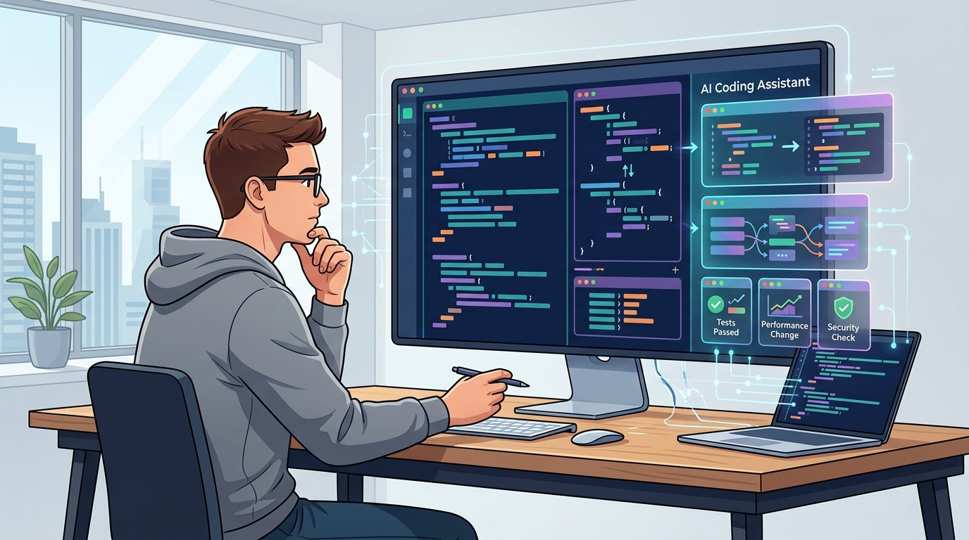 A developer uses an AI assistant to analyze source code while independently reviewing suggested changes and test results