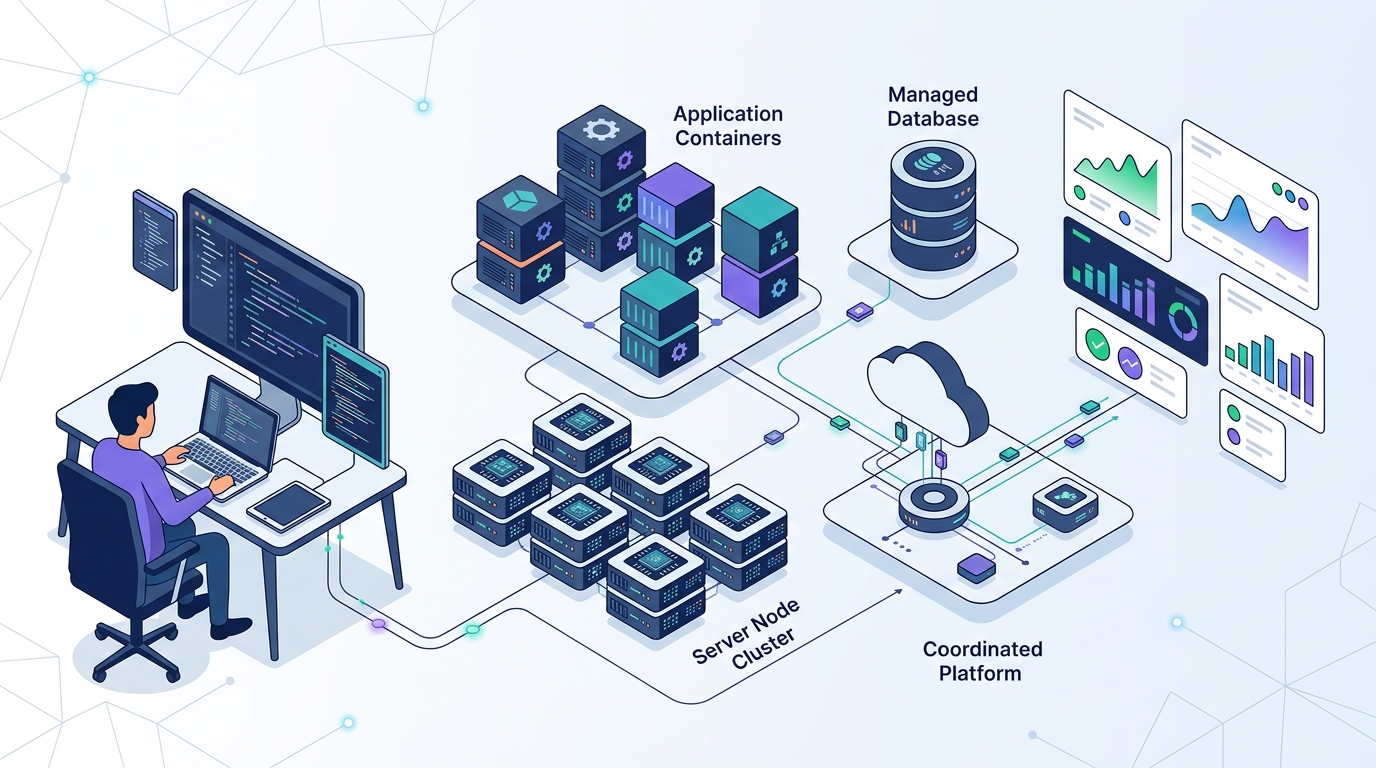 Cloud infrastructure with containerized applications, a database, a monitoring system, and a development environment