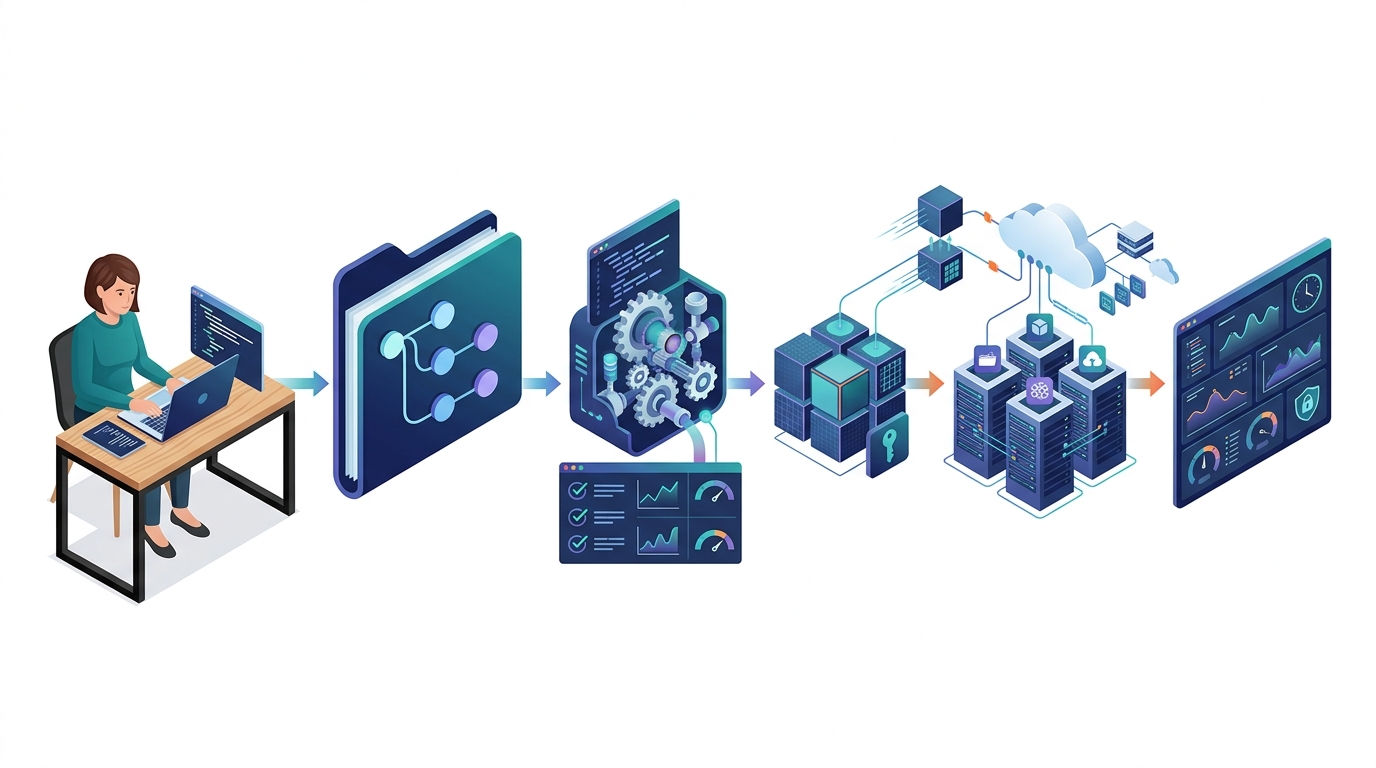 An automated software pipeline that builds software, runs tests, delivers the application, and monitors it after deployment