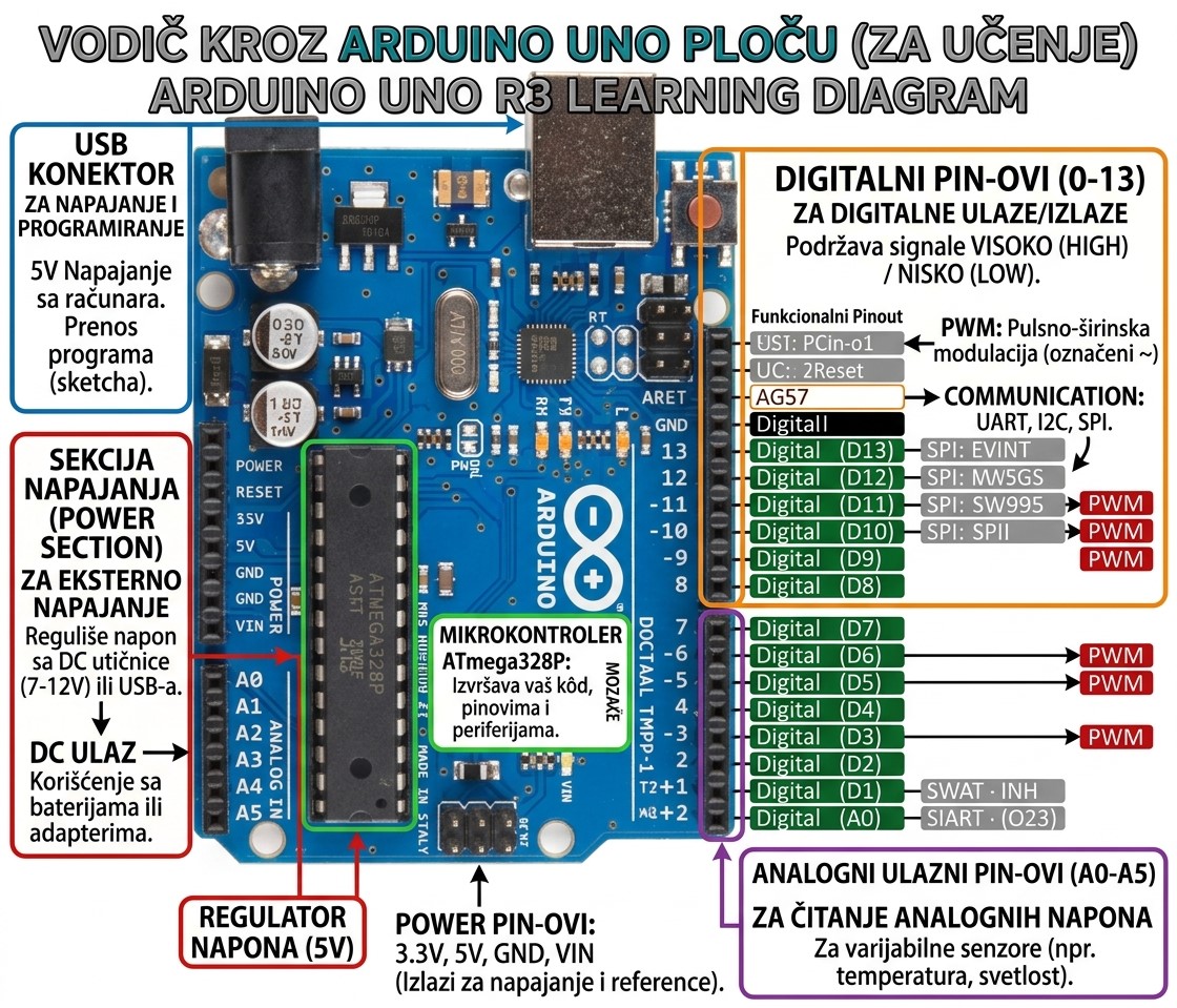 Arduino Uno sa označenim delovima