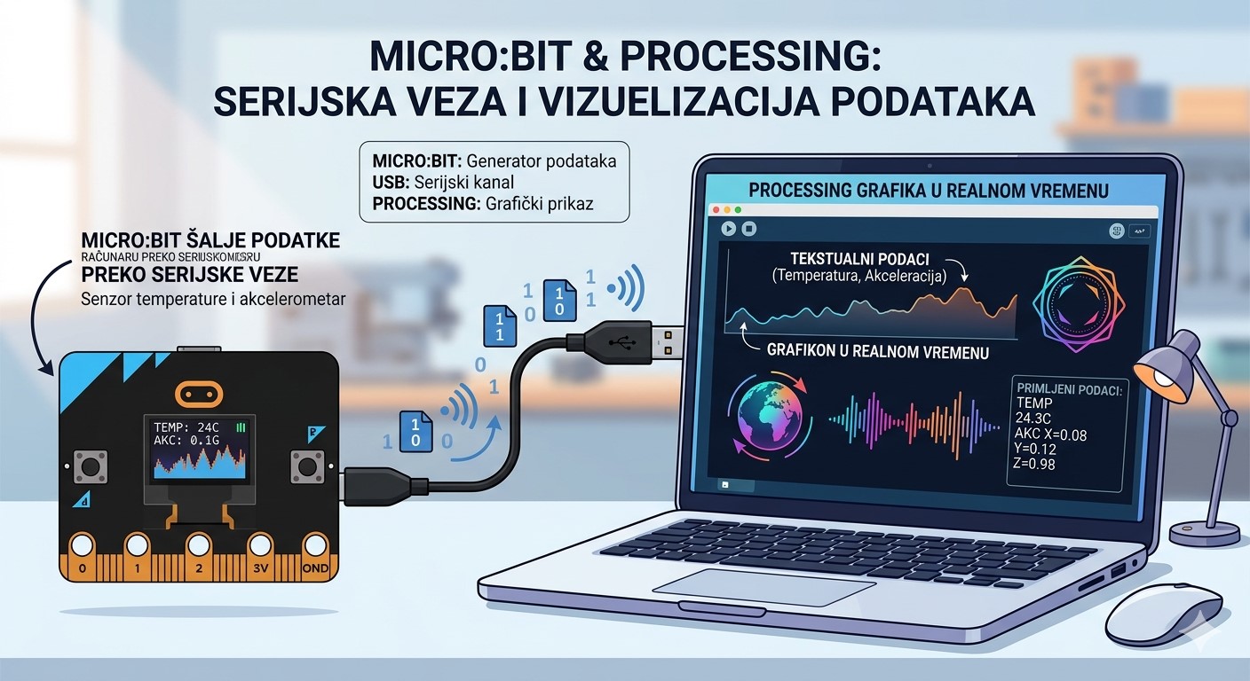 micro:bit povezan sa računarom preko USB kabla i serijska komunikacija ka Processing-u