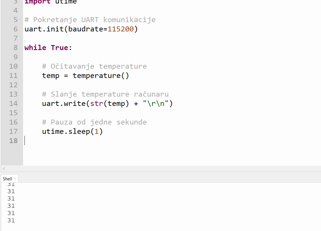Thonny prikazuje temperature koje stižu sa microbit uređaja preko UART komunikacije