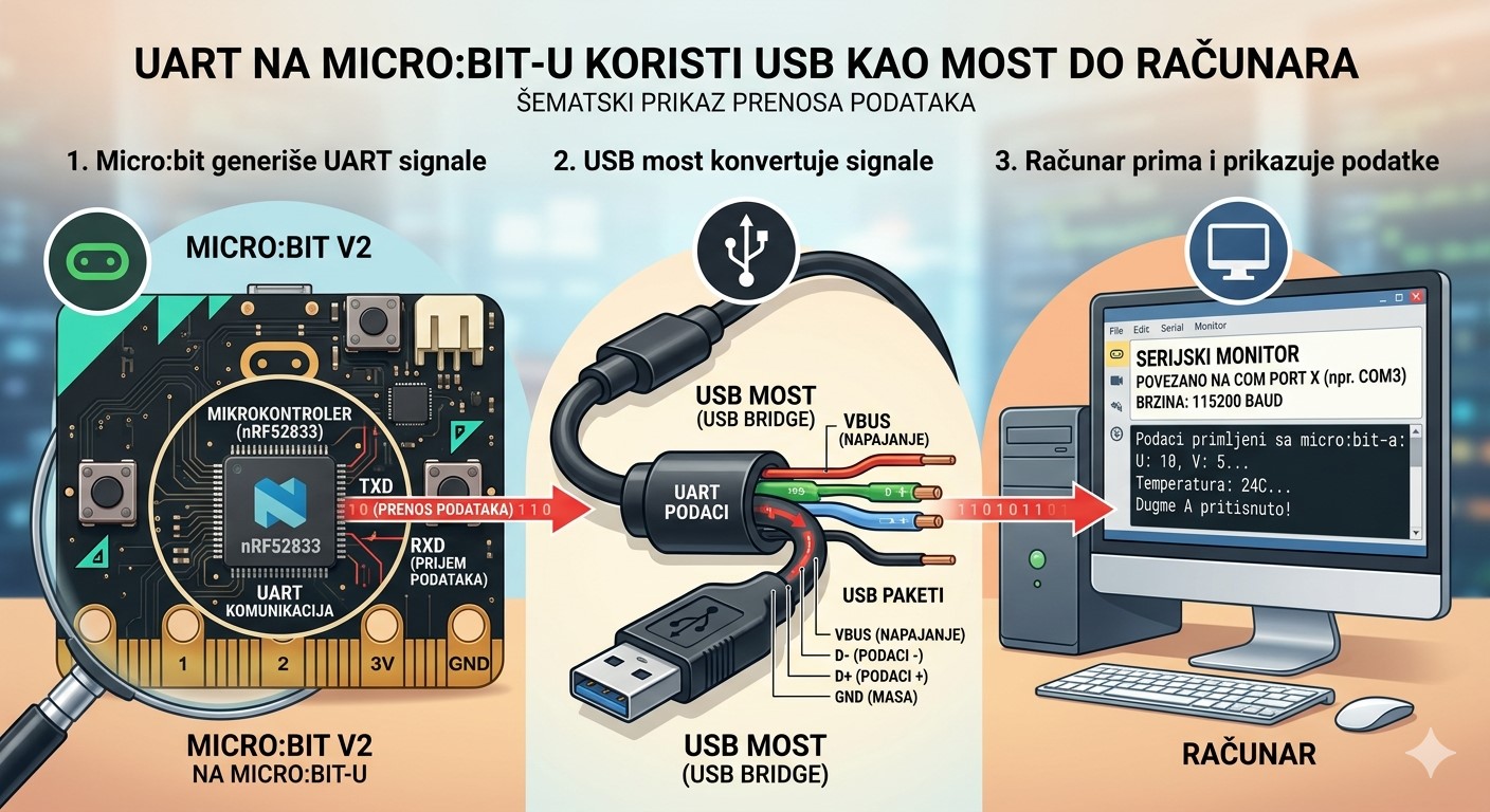 dijagram koji prikazuje UART komunikaciju između micro:bit-a i računara preko USB kabla