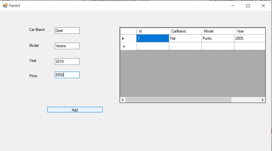 Slika 2: Aplikacija sa formom u C# sa SQLServer bazom podataka: Salon Automobila Aplikacija