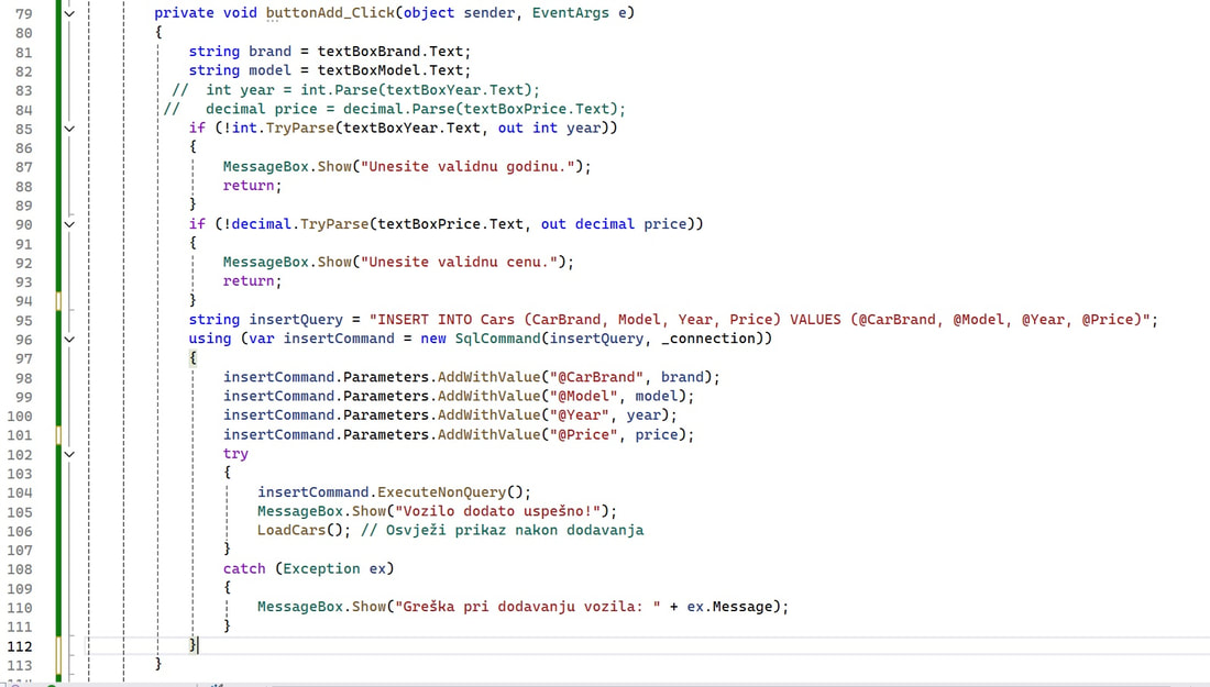 Aplikacija sa formom u C# sa SQLServer bazom podataka: Metoda koja je reakcija na klik dugmeta za dodavanje u bazu