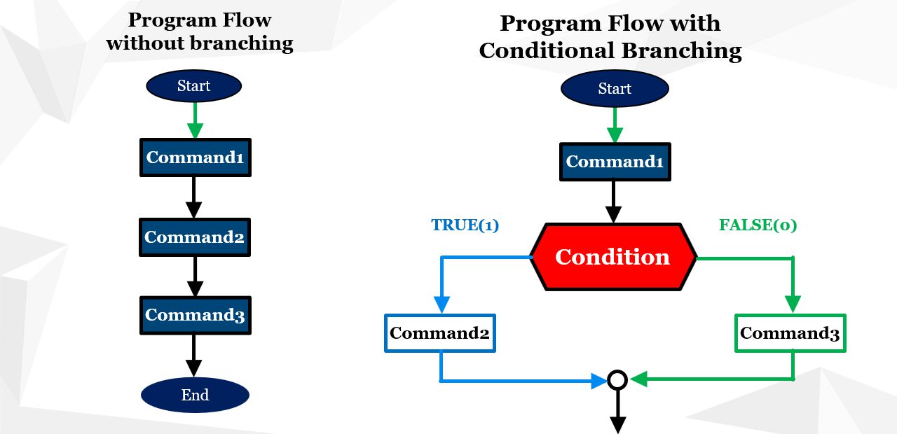 Diagrams of program execution flow: Without branching - left and with branching - right