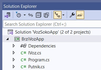 C# Složena aplikacija: Solution Explorer-BrziVozApp