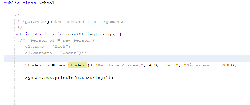 Class inheritance- The main method of the school class. Creating a class object Student
