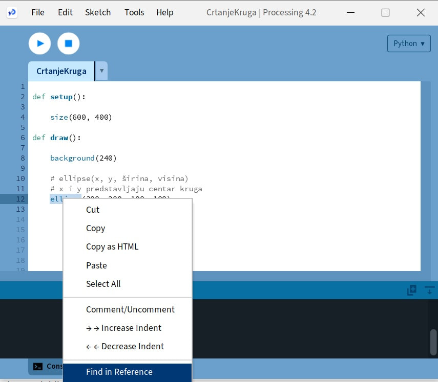 Desni klik u Processing Python Mode editoru sa opcijom Find in Reference za pristup dokumentaciji funkcije