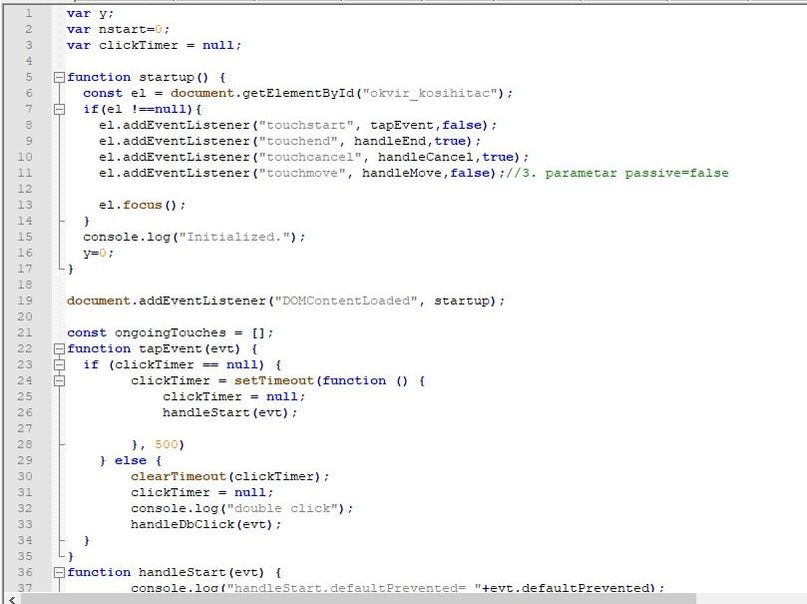 Example Javascript code that handles events for an animation application of a body sliding down an inclined plane