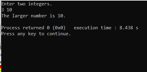Determining the maximum of two integers-main functions-execution
