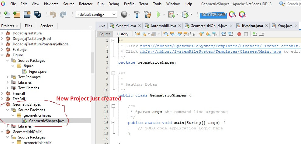 Creating a new project in the Java programming language, completion