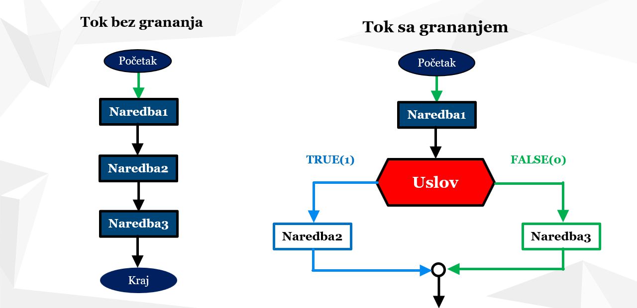 Dijagrami toka izvršavanja programa: Bez grananja - levo i sa grananjem - desno