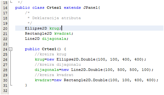 Crtanje u prozoru. Graphics2D. Kreiranje geometrijskih oblika-kod.