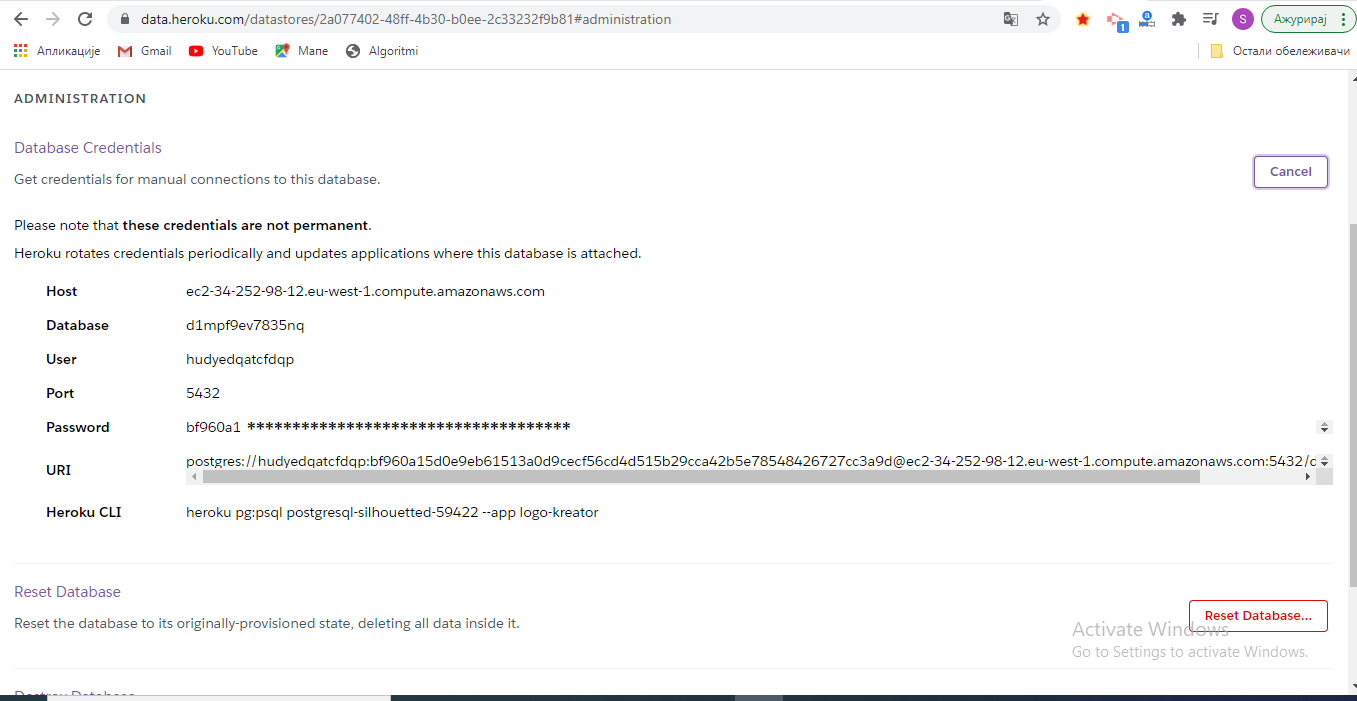 Heroku platforma-baza postgresql-Database Credentials