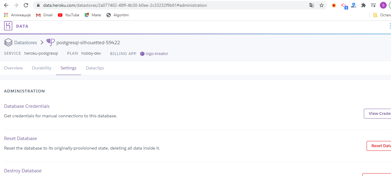 Heroku platforma-baza postgresql-kartica settings
