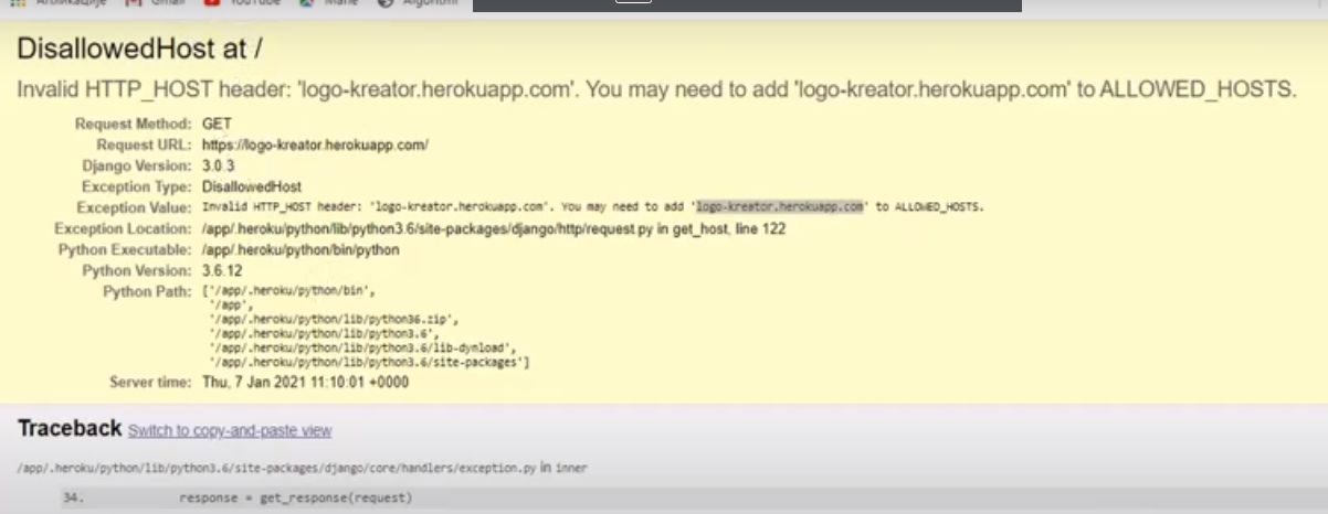 Django web aplikacija-Greška: DisallowedHost