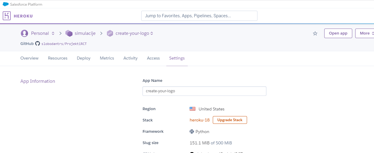 Heroku platforma-Kartica podešavanja(Settings)