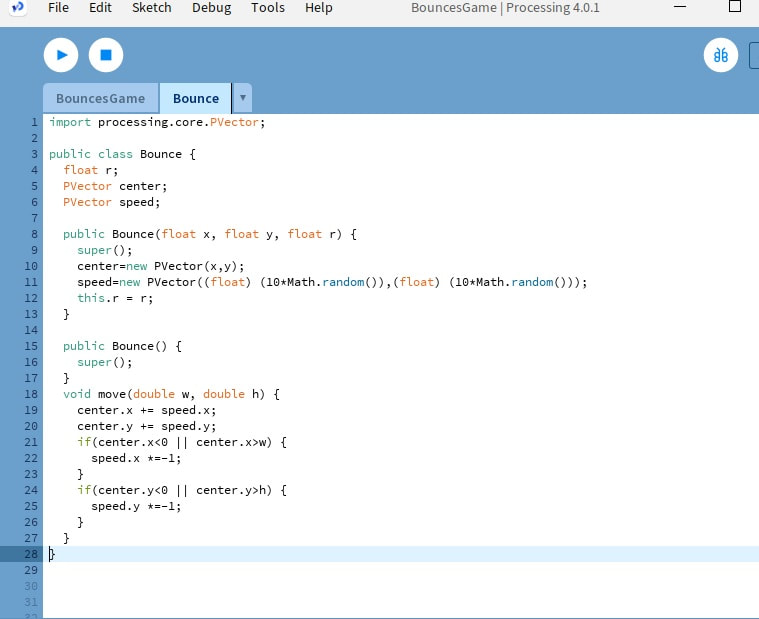 Primer u  Processing-u: BouncesGame- klasa Bounce