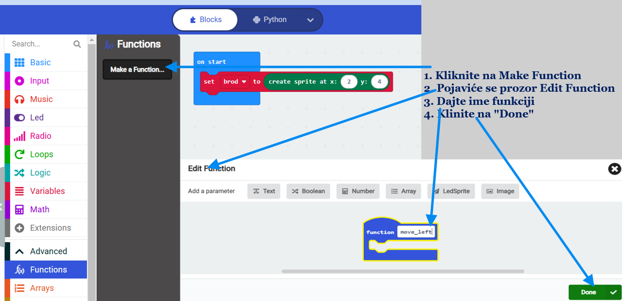 Paleta Function u MakeCode-u. Kreiranje funkcije move_left početak
