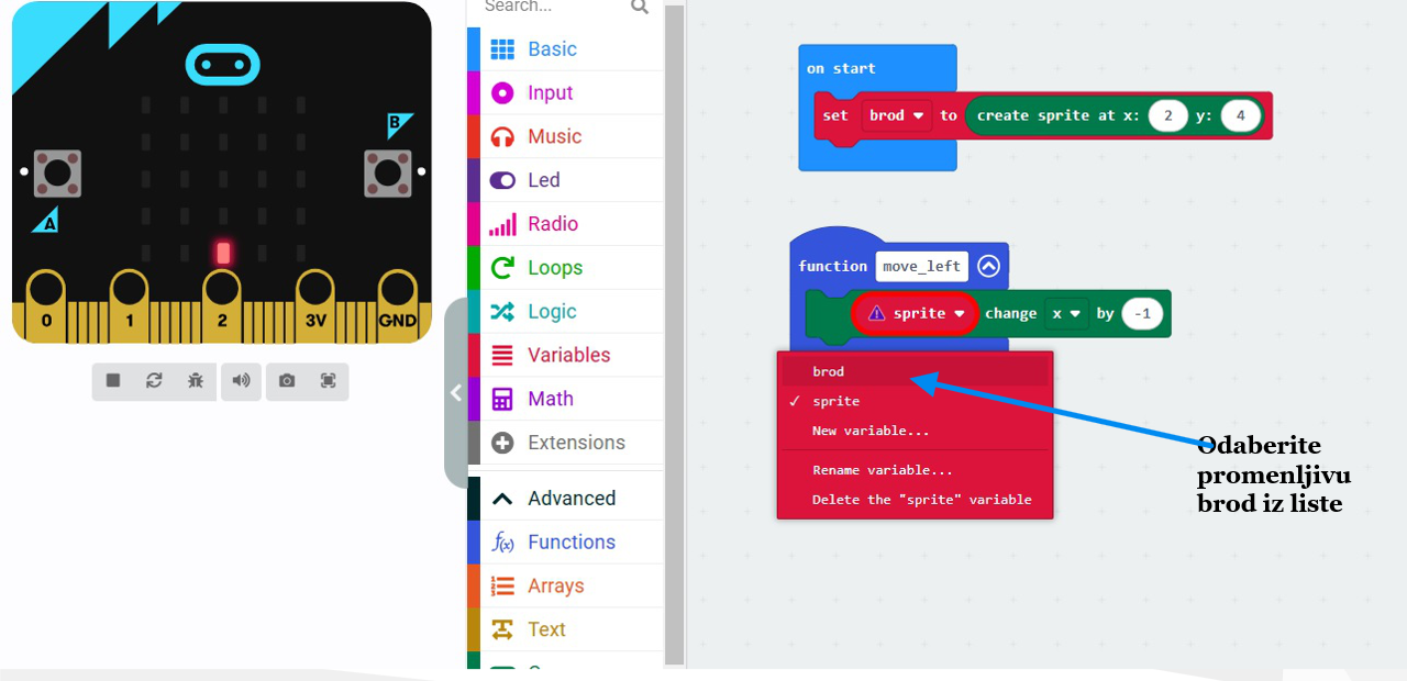 Paleta Function u MakeCode-u. Kreiranje sadržaja funkcije move_left. Dodavanje promene položaja ulevo.