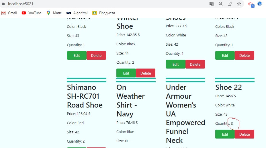 Web application - display of the list of products after the update