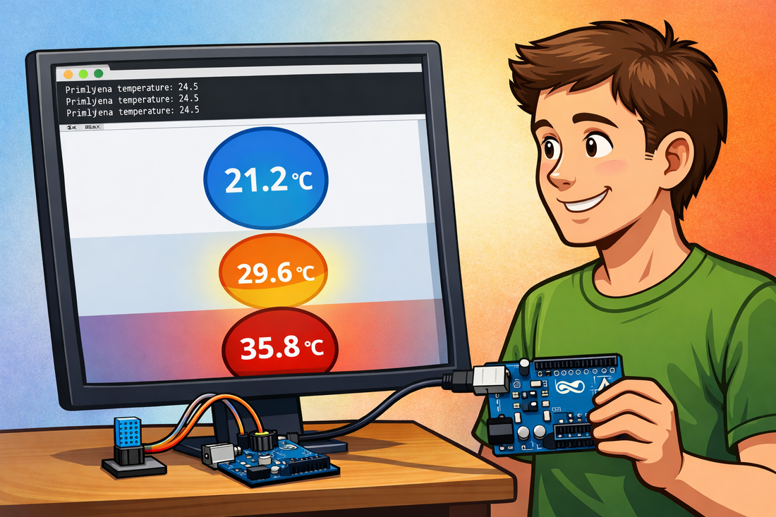 Prikaz senzora DHT11 povezanog sa Arduinom i vizuelna reprezentacija temperature preko indikatora boje.