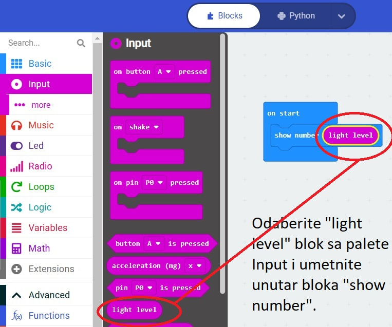 Programiranje mikrobit uređaja: Merenje nivoa osvetljenja-light level blok
