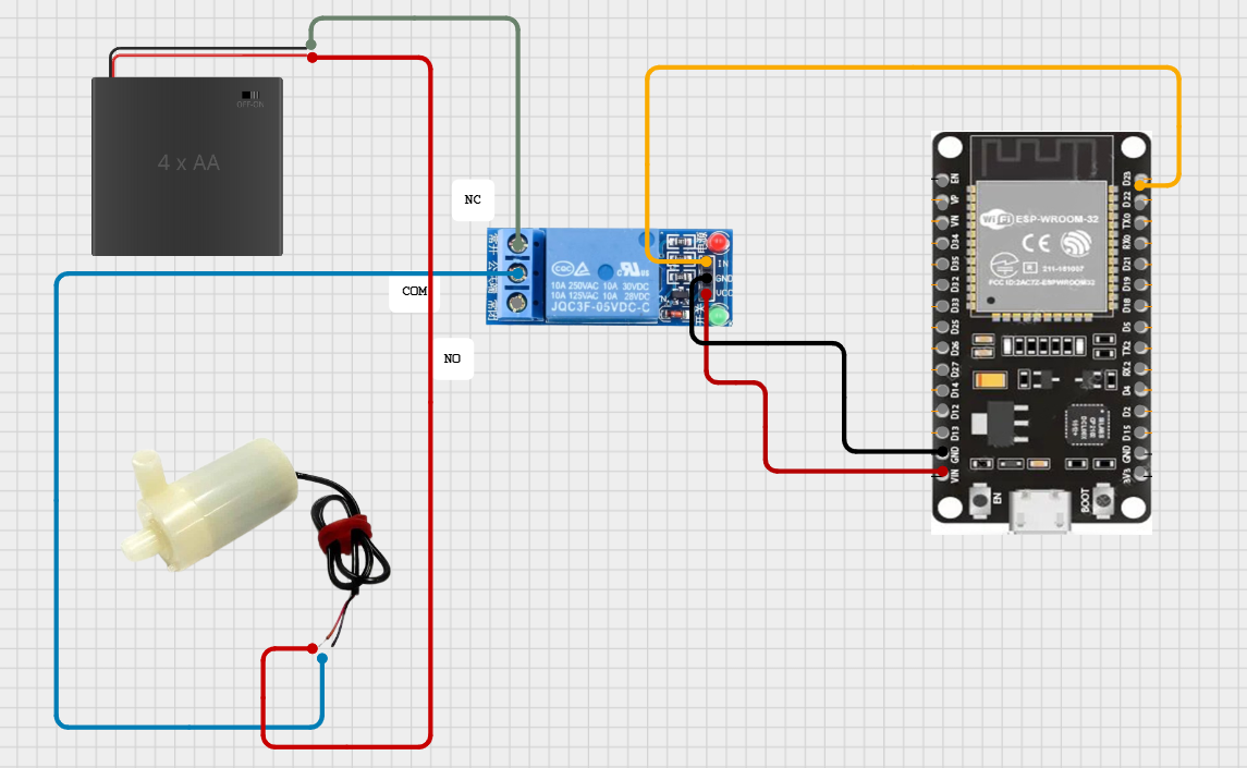 ESP32 povezivanje sa relej modulom i 6V pumpom – varijanta 2, prekidanje negativnog pola napajanja preko COM i NO kontakta