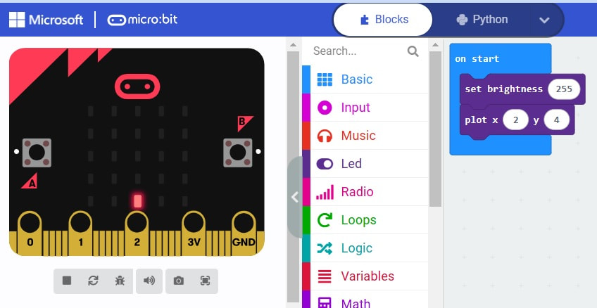  Programiranje mikrobit uređaja - Rešenje primera u micropython-u: Paleta LED primer postavljanja osvetljenja jedne sijalice na LED tabli