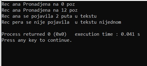 Pretraga stringa, primer u C jeziku-izvršenje