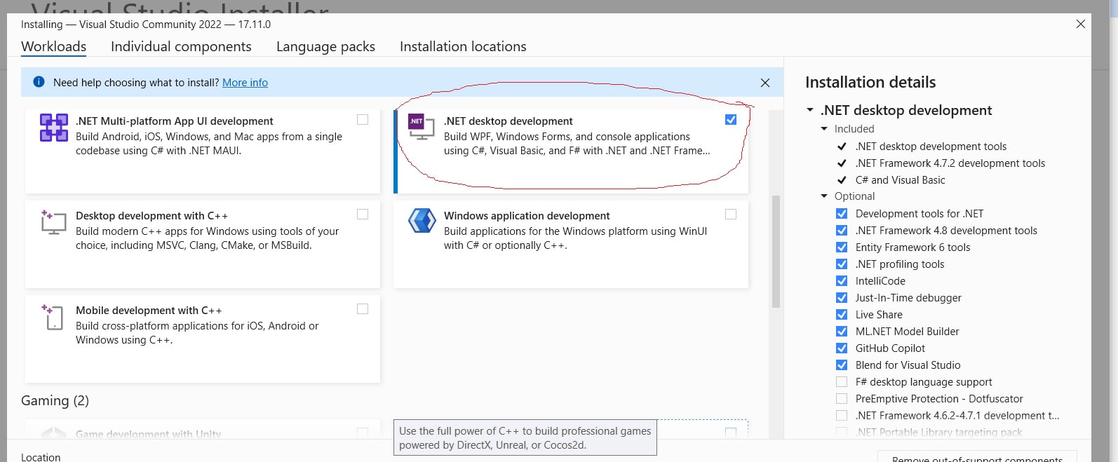 Instaliranje Visual Studio 2022 Community, izbor komponenti