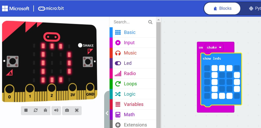 Makecode-Prikaz početnog slova imena na protresanje microbit uređaja