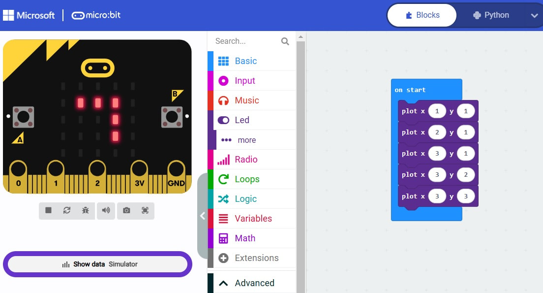 Programiranje mikrobit uređaja - Rešenje primera: Paleta LED primer crtanja obrnutog slova G(ćiriličnog)
