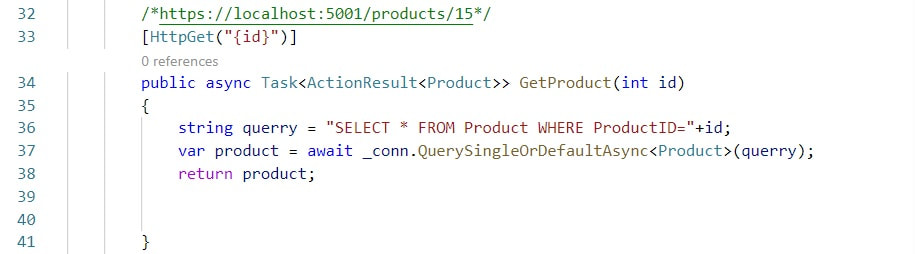 Figure 4: Web Api Server, controller class - A method that returns a specific product