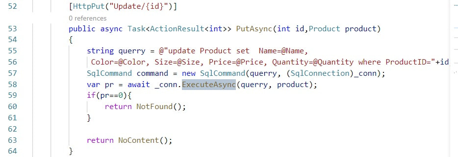 Web Api Server, controller class - A method that updates an existing product in the database