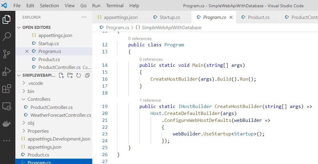 SimpleWebApiWidthDatabase aplikacija - klasa Program.cs