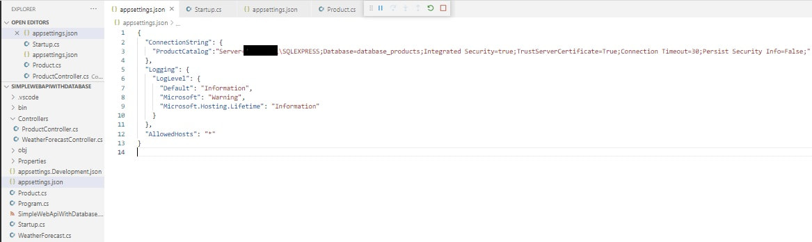 SimpleWebApiWidthDatabase aplikacija - ConnectionString definisan u appsetings.json fajlu