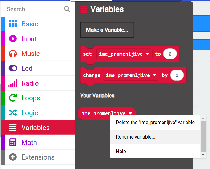 Programiranje mikrobit uređaja: promena imena i brisanje promenljive