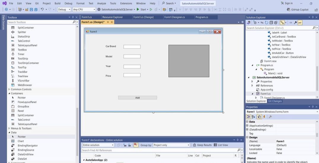 Aplikacija sa formom u C# sa SQLServer bazom podataka: kreiranje forme