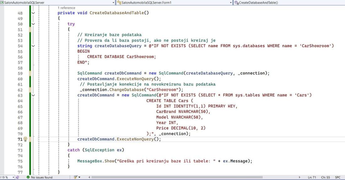 Aplikacija sa formom u C# sa SQLServer bazom podataka: Metoda za kreiranje baze i tabele