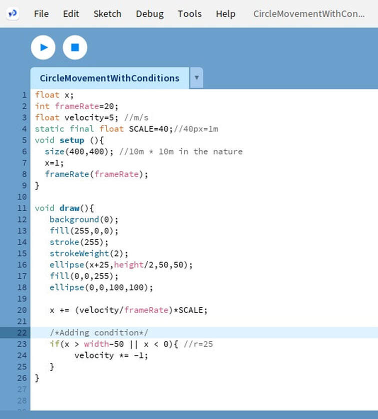  Processing Java example - Horizontal Move Ball with conditions