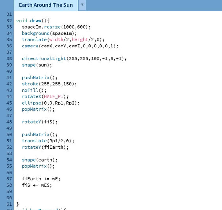  Processing 3D: Animation of the movement of the Earth around the Sun. Main scatch-2. Draw method