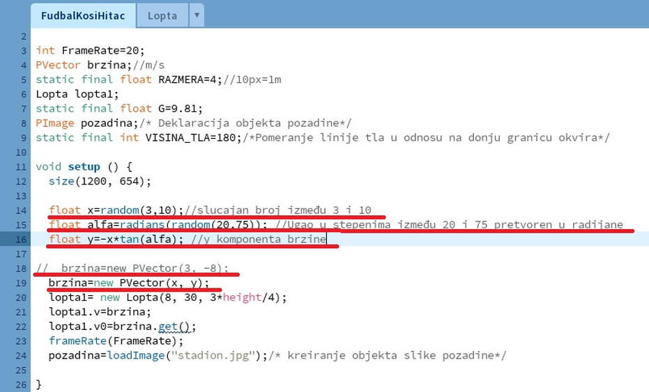  Fudbal igrica u processing-u. Promena vektora početne brzine. Upotreba random metode.