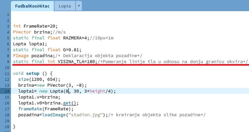 Slika 6: Fudbal igrica u processing-u. Dodavanje visine tla