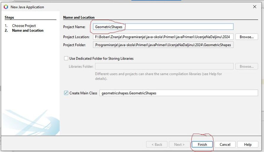 Creating a new project in the Java programming language, specifying the project name and location