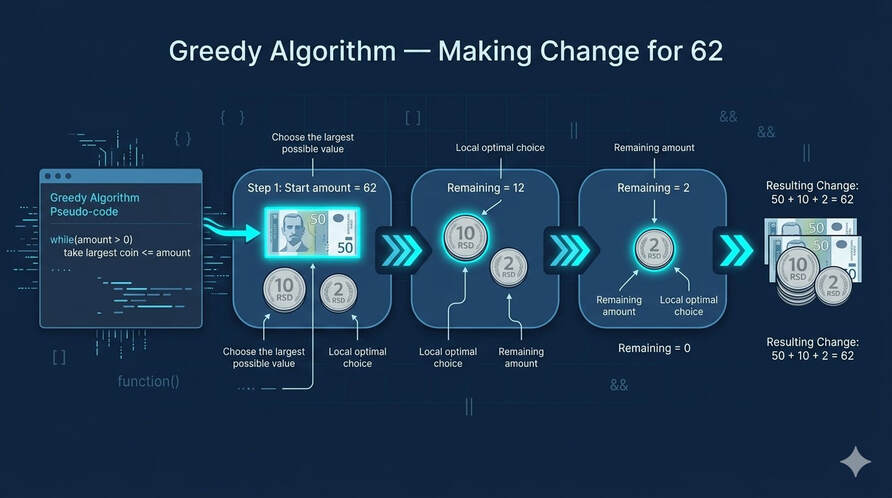 Visual representation of the greedy algorithm for returning 62 dinars in change, step by step.
