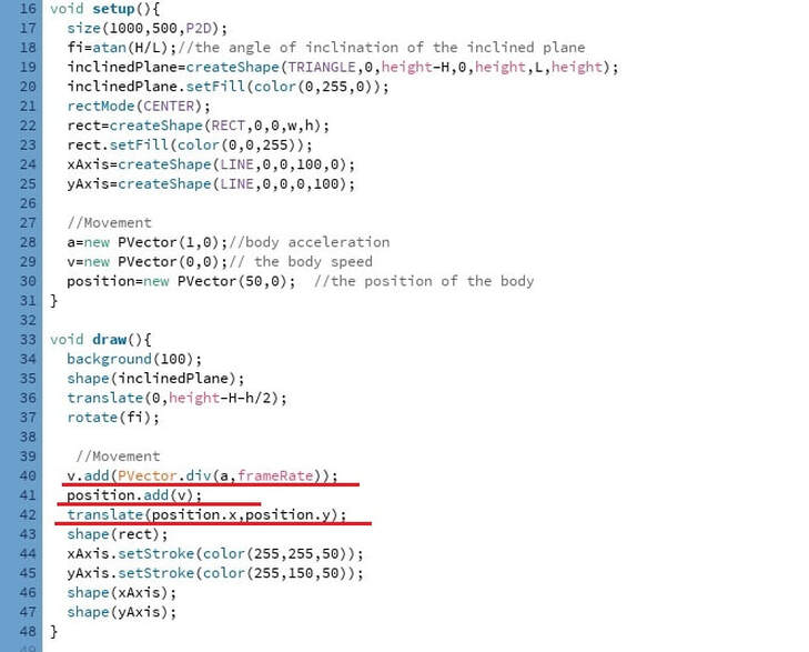 Animation of a body sliding down a inclined plane in processing, complete code - part 2