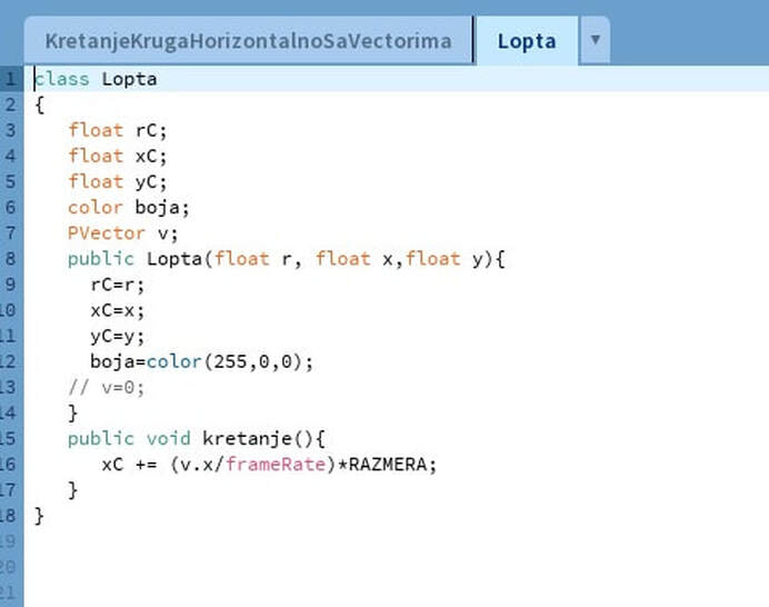  Processing Java primer - Horizontalno Pomeranje Lopte. Klasa Lopta